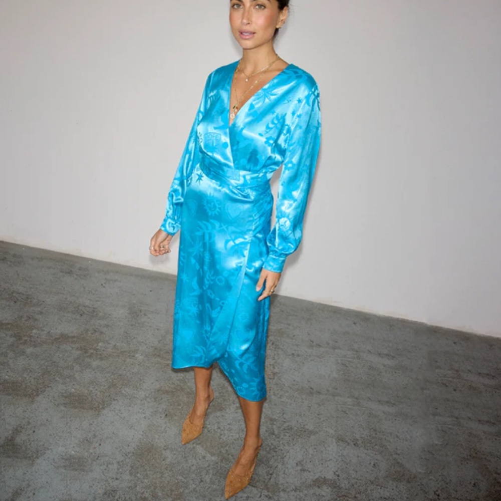 Never Fully Dressed Turquoise Blue Satin Midi Dress